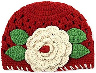 KIKIQIA Baby Girls' Handmade Winter Warm Crochet Beanie Hat with Flowers Red