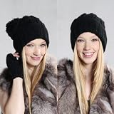 Spring Retro Oversized Slouch Ladies Warm Stretch Beanie Bobble Hat, Black