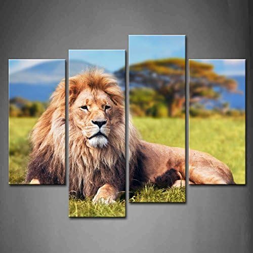 Canval prit painting 4 Panel Wall Art Big Lion Lying On Savannah Grass With Trees And Hills The Picture Print On Canvas Animal Pictures piece