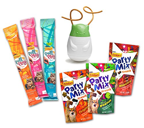 Purina Friskies Cat Treats, Pull  n Play Toy and Treat Variety Pack - 7 Total Items (1 Wobbert Wobble Toy, 3 Friskies Party Mix Crunch Treat Flavors, & 3 Pull  n Play Snack Tender String Snack Flavors)