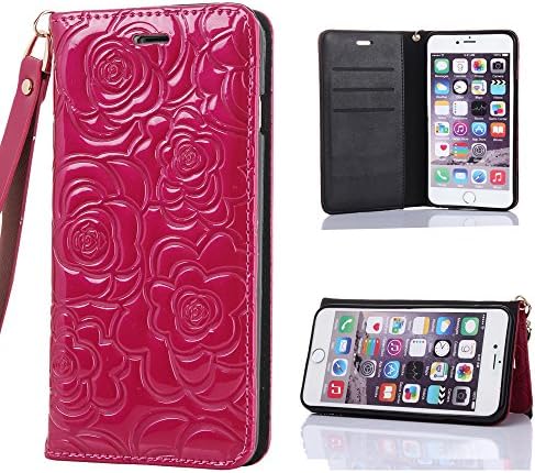 Iphone 6s Plus Case, Premium Vintage Flip Leather Wallet Case with 3D Embossed Floral Design Credit Card Slot Detachable Wrist Strap Magnetic Cover for Iphone 6/6s Plus 5.5 Inch(Wine Red)