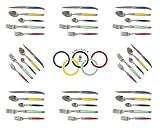 LAGUIOLE Dubost - EXCLUSIVE! - LONDON 2012 OLYMPICS - COMPLETE 40 pcs flatware set - Olympic Games colors (blue - gold/yellow - black - green - red) - in HEAVIER 25/10 stainless steel - blade: 2.5 mm thick (very sturdy!) - 8x knives + 8x soup spoons + 8x dessert/coffee spoons + 8x large forks + 8x dessert forks (official full family quality dinner table colour cutlery setting for 8 people - with CERTIFICATE of AUTHENTICITY - dishwasher safe! - gift wrap available - direct from FRANCE)