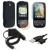Black Rubber Coated Case for Palm Pixi + Car Charger + USB Data / Charging Cable + Reusable Screen Protector