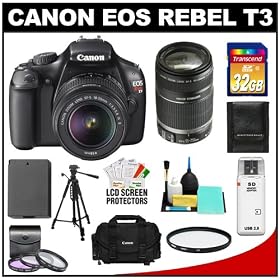 Canon EOS Rebel T3 12.2 MP Digital SLR Camera Body & EF-S 18-55mm IS II Lens with 55-250mm IS Lens + 32GB Card + Battery + Case + Filter Set + Tripod + Cleaning & Accessory Kit