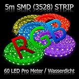 Produkt-Bild: LED Strip Leiste SMD (3528) 5 Meter 300 LEDs 60Led/m RGB Wasserdicht + Fernbedienung + Box + Netzteil Wechselfarben Mix Farben / Led Lichterkette Strips Band Leuchte Light Streifen Lichtleiste Lichtstreifen Lichtband