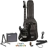 Sawtooth ST-ES-LH-BKB-KIT-3 Left Handed Electric Guitar in Black with Black Pickguard, Lesson, Gig Bag, Stand, Cable, Picks, Tuner, Strap and Amplifier