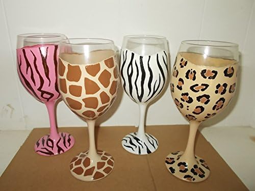 Animal Print Hand Painted Wine Glasses (with stem painted): Set of 4 - white zebra, pink zebra, giraffe, leopard