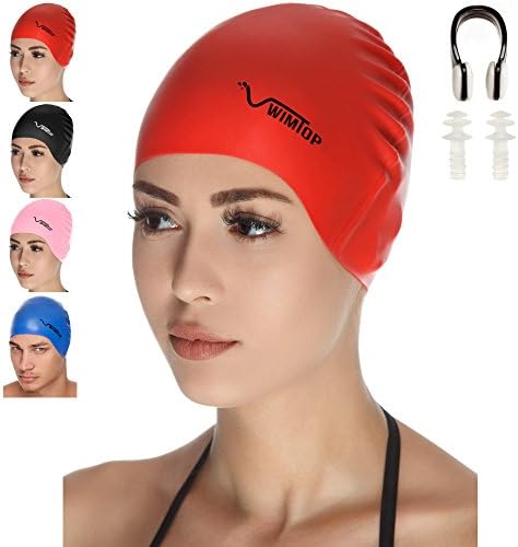 Premium Silicone Swim Cap for Men and Women Free Nose Clip and Ear Plug (red)