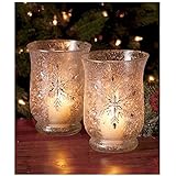 Set of 2 Elegant Frosted Snowflake Winter Jeweled Glass Candle Holders Christmas Table Top Decor