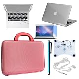 Skque 7 Accories for Apple MacBook Air 13.3: Clear Hard Plastic Crystal Case + 13.3 Inch Series LCD Screen Protector + Palm and Track Pad Protector for Laptop Notebook + 13.3inch Pink EVA Carrying Case + Blue Aluminum Capacitive Stylus Pen + Laptop Notebook Cooler Pad w/ 3 Fans + White Headset