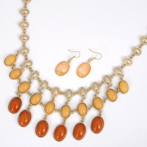 Classical Rows Yellow Orange Oval Beads Tessel Pendant Necklace Chain Earrings Set Valentines Day Gift