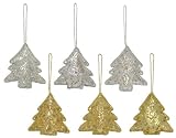Embroidered and Sequined Silver and Gold Tree Christmas Ornaments 4"x3.75" Set of 6
