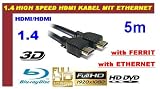 5m 1.4 mit Ferrit und Ethernet High Definition / High Speed HDMI Cable / Kabel black / Schwarz Full HD FULLHD Auflösung 1080p HDMI zu HDMI Kabel 19pol. 1.3 1.3a 1.3b 24K Vergoldet geeignet für Xbox 360 / Playstation 3 / Beamer / DVB Receiver / TFT Monitor / HD-Ready / FULL HD Fernseher / Blu-Ray / DVD / HD-DVD / PS3 / HDTV (Der Kabel von Fa. CS-Power überträgt Garantiert Verlustfreie Daten / Kristallbild) Playstation3 / Digital TV / Fernsehen / BluRay / Spielkonsolen / Konsolen / PC / Computer / Komputer / Notebook / Netbook / Laptop