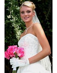 Pearl Beaded Satin Wrist Length Full Bridal Gloves by USABride