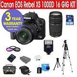 15 Piece Unbelievable Kit with Canon EOS Rebel XS 1000D Black SLR 10.1 MP Digital Camera with Canon EF-S 18-55mm IS Lens + Canon 75-300mm f/4-5.6 Telephoto Zoom Lens + 16 GB Memory Card + Multi-Coated UV Filter (2) + Multi-Coated Polarizer Filter + Digital Slave Flash + 50 Titanium Anodized Tripod + Deluxe Camera Bag + 6 Piece Accessory Kit + 3 Year Celltime Warranty Repair Contract