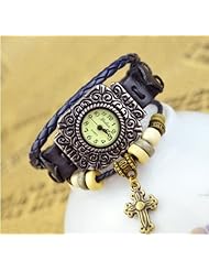 KANO BAK(TM) Retro Bronze Women Ladies Weave Wrap Lucky Cross Leather Bracelet Bangle Quartz Gift Watch Black