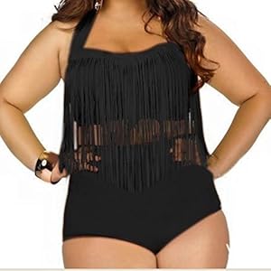 Sportown Women's Plus Size Retro High Waist Padded Bikini Braided Fringe Top Swimwear (Large, Deep Black)
