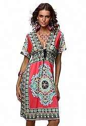 V-neck Polyester/Silk/Spandex Knee Length Floral Print  Dress