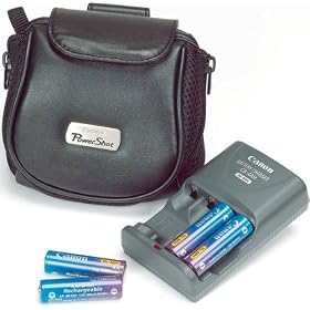 Canon PowerShot S3 IS Kit Case, rechargeable batteries, and charger