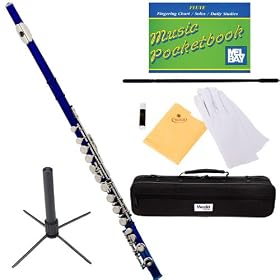 Mendini MFE-BL Key of C Blue Flute + Case, Stand, Cleaning Rod & Cloth, Joint Grease, & a Pair of Gloves