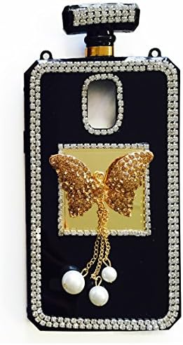 Stylish Crystal Diamond Rhinestones 3D Luxury Shining Butterfly Perfume Bottle Phone Case with Gold/Black Leather Chain (S5 Gold/Gold)