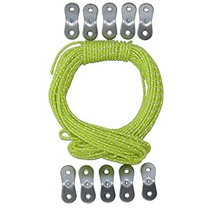 Tent Tools Guyline Adjuster Kit - 50ft of Reflective 2.44mm Tactical Tent Rope with 10 Aluminum Tensioners (Yellow, 50)