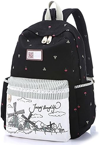 AINISI Girls Youth Casual Black Canvas Travel Backpack Bookbags