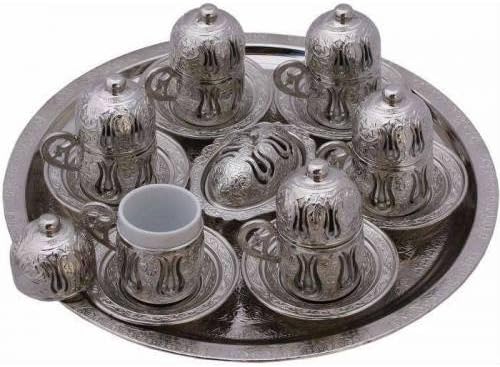Turkish Coffee Espresso Cup Set - 6 Cups and Turkish Coffee Pot with Wood Handle Handmade Xmas Gift