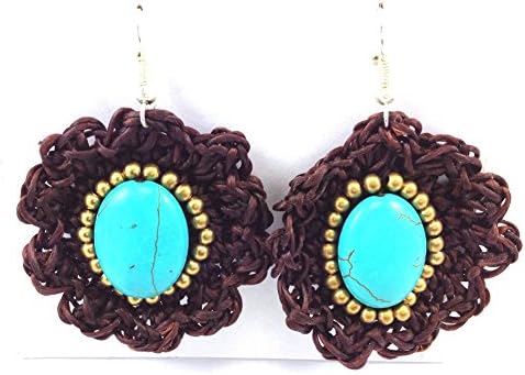 Blue Turquoise with Gold Beads with Flower Crothcet Earrings Handmade Beaded Jewelry From Thailand