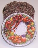 Scott's Cakes Mini Chocolate Covered Pretzels with Christmas Color Non-Pareils in a Christmas Wreath Tin