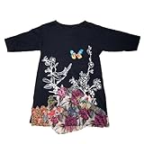 100% Cotton, Bird Print with Hand Sewn Flower Butterfly Applique Dress/Top - PK06 (Blue)