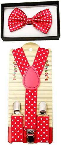 Brand New 2015 Kids Unisex Fashion Hot Pink Polka Dots Suspenders Bow Tie Combo