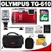 Olympus Tough TG-610 Shock & Waterproof Digital Camera (Red) with 8GB Card + Battery + (2) Cases + Flash + Accessory Kit