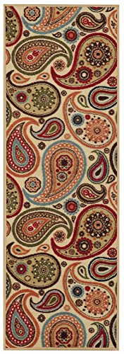 Anti-Bacterial Rubber Back LONG RUGS RUNNERS Non-Skid/Slip 3x10 Runner Rug | Ivory Paisley Floral Indoor/Outdoor Thin Low Profile Modern Home Floor Kitchen Hallways Colorful Decorative Rug