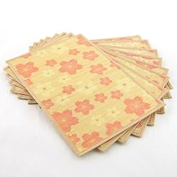 Bamboo Placemats Tan Border, Peach Flower Pattern