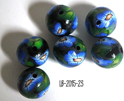 6 Blue Flower Polymer Clay Beads Handmade 15mm