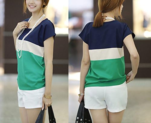 Lavanka Women's Casual Scoop Neck Short Sleeved Bell Sleeved Loose Fitting Striped Print Sheer Chiffon Blouse Shirt