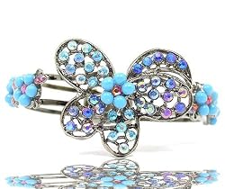 Beautiful Blue Bead & Crystal Butterfly Hinged Bangle Bracelet - Retro Antique Gunmetal Finish