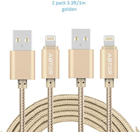 ABTOR 3ft/1m Lightning to USB Cable 8 Pin Charger Cord Nylon Date Cable USB 2.0 for Iphone 6s 6 Plus 5s 5, Ipad Mini 4 3 2, Ipad Pro Air 2 (2 Pack) (Golden)