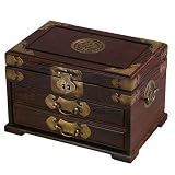 Handmade Decorative Brass & Wood Jewelry Box With Mirror - Chinese Symbol of Joy Design