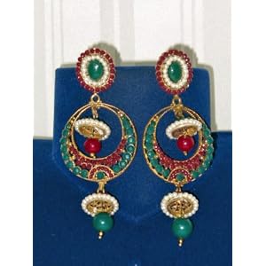 Gift for Mom- Long Earrings in Gold Plated with Green and Red White Beads in Bridal Style