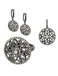 BRI Jewelry Sterling Silver Round Shape Vine Design W/ Coffee And 1 Clear Cubic Zirconia Set - Pendant - Dangle Earring - Ring Size 8