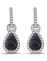 14K Yellow and White Two 2 Tone Gold Round Brilliant Cut Black and White Diamond - Pear Shape Halo Prong Set Dangle Earrings - (1.80 cttw.)