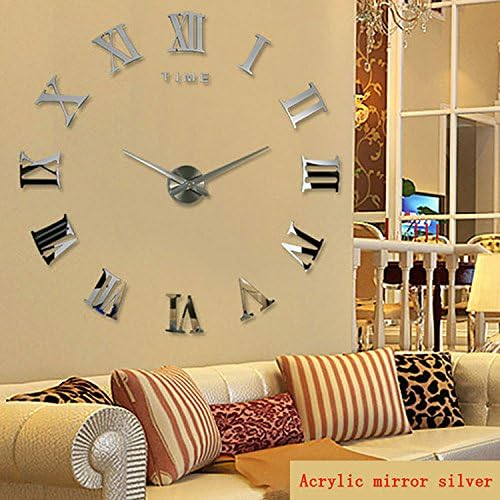 Luxury Time Letters Roman Numerals Large Size DIY 3D Wall Clock Quartz Mirrors Surface Removable Home Decoration Living Room D¨¦co (Silver)