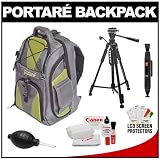 Portare' Multi-Use Laptop/iPad/Digital SLR Camera Backpack Case (Gray/Green) with 57 Photo/Video Tripod + Cleaning Kit for Canon EOS 7D, 5D Mark II III, 60D, Rebel T3, T3i, T2i Digital SLR Cameras