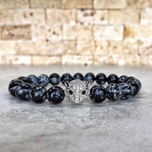 18K WHITE GOLD PLATED TIGER HEAD AND SNOWFLAKE OBSIDIAN BRACELET