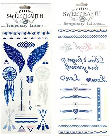 Metallic Blue and Silver Temporary Tattoo Jewelry Beautiful Bling (2 sheets, each 4" by 8") rings, bracelets, feathers, wings, arrows, "Love" and more