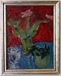 Pink Flowers on Blue & Red, Original 1940's Still Life Oil Painting on Board By Carmel Artist Victor Di Gesu (1914-1988) - Framed Artwork