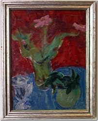 Pink Flowers on Blue & Red, Original 1940's Still Life Oil Painting on Board By Carmel Artist Victor Di Gesu (1914-1988) - Framed Artwork