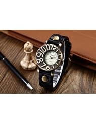Youyoupifa Lady Bump Rotating Creative Digital Quartz Black Leather Strap Watch